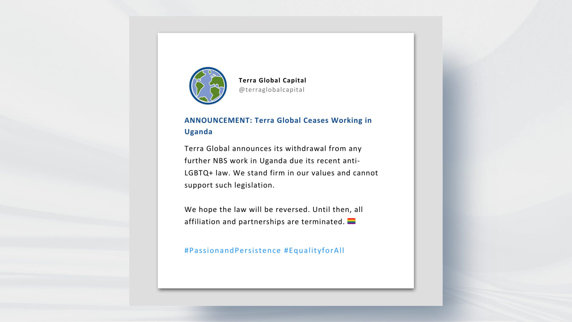 ANNOUNCEMENT: Terra Global Ceases Working in Uganda
