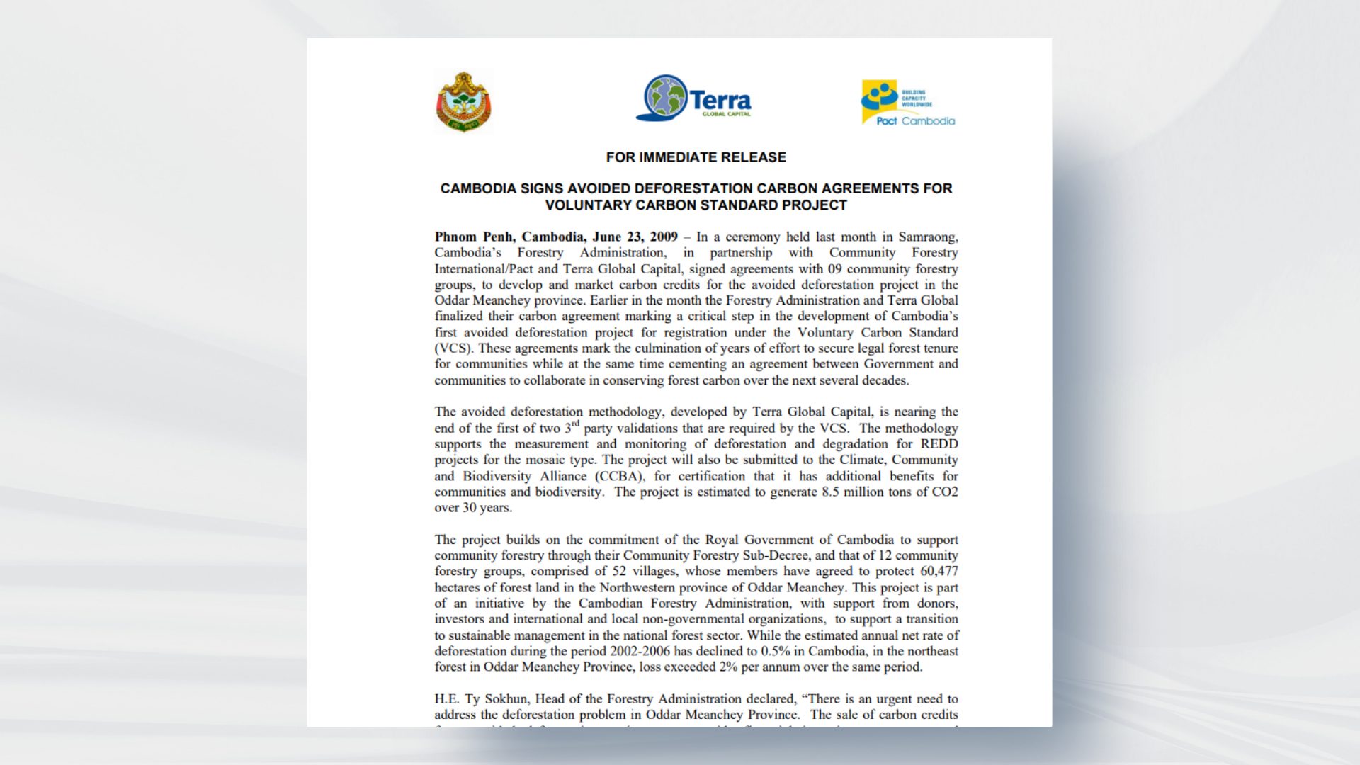 Cambodia Signs Avoided Deforestation Carbon Agreements for Voluntary Carbon Standard Project