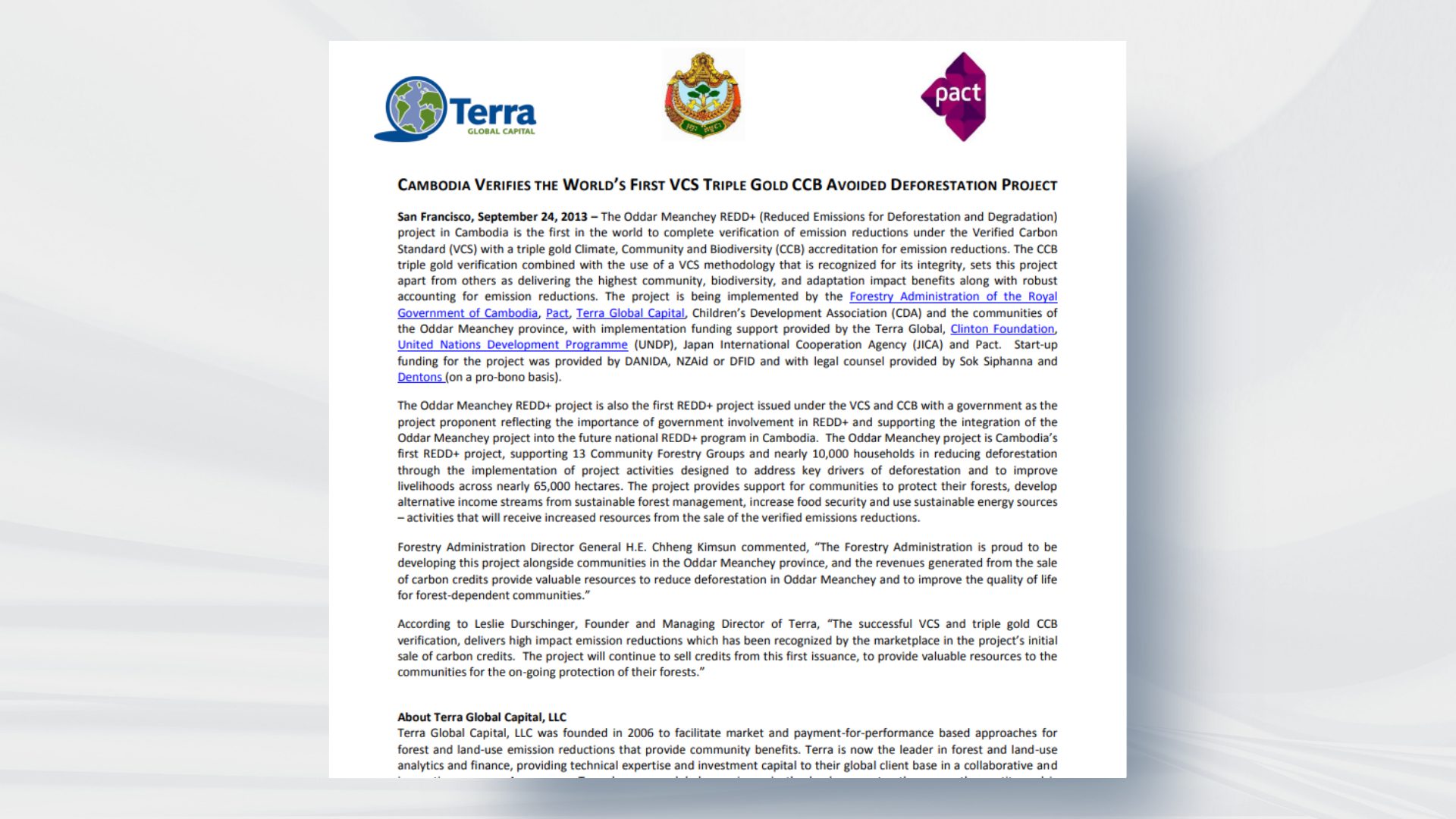 Cambodia Verifies the World’s First VCS and Triple Gold CCB Avoided Deforestation Project