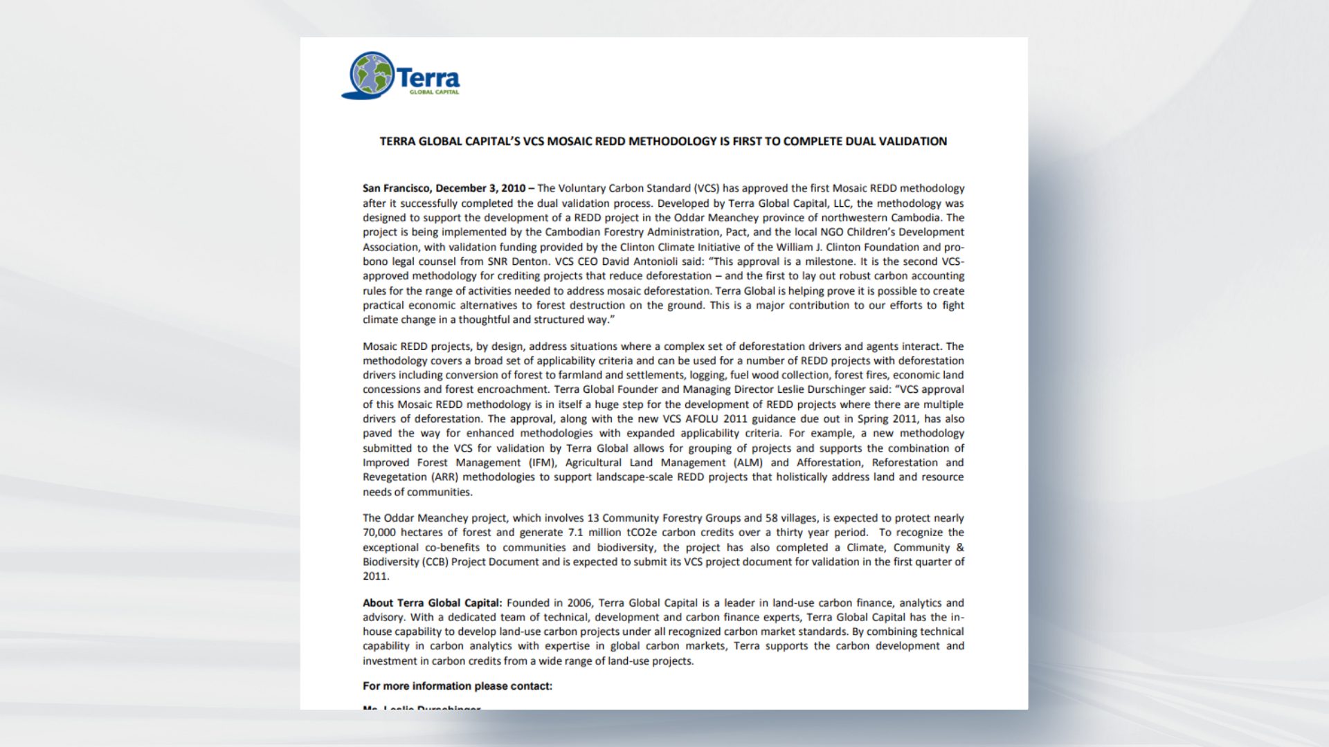 Terra Global Capital’s VCS Mosaic REDD Methodology is First to Complete Dual Validation