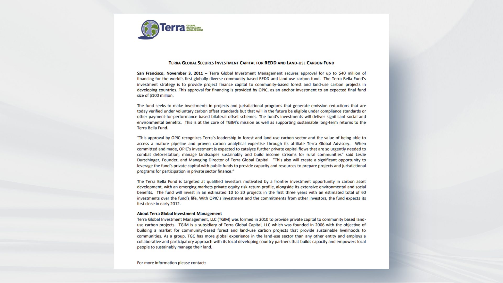 Terra Global Secures Investment Capital For REDD and Land-Use Carbon Fund